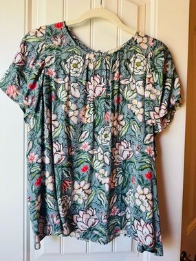 LOFT Floral Short Sleeve Top in Sage Green with Pink Accents